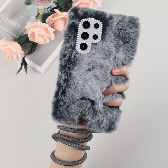 Compatible with Galaxy S23 Ultra Case Cute Plush Furry Case with Glitter Lanyard Strap Bling Diamond Camera Lens Protector Soft Winter Warm Plush Fluffy Fur Cover for Women and Girls, Dark Gray