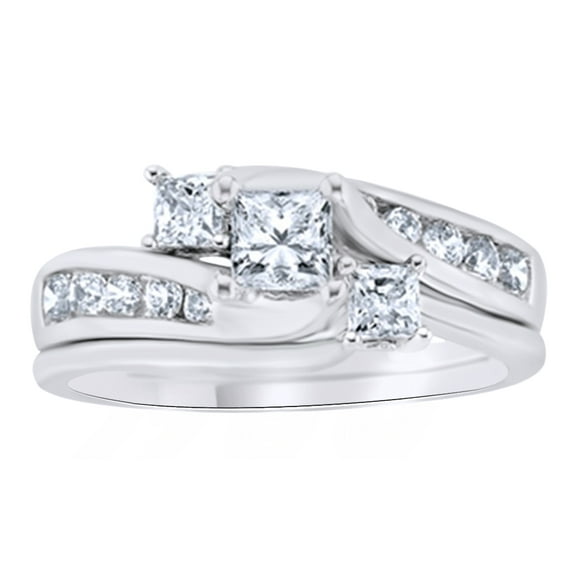 AFFY Princess Cut White Natural Three Stone Bypass Wedding Ring Set In 14K Solid White Gold (1 Ct)