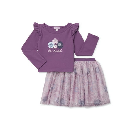 Mila & Emma Exclusive Girls Ruffle Sleeve Top and Tutu Skirt, 2-Piece Outfit Set, Sizes 12M-5T
