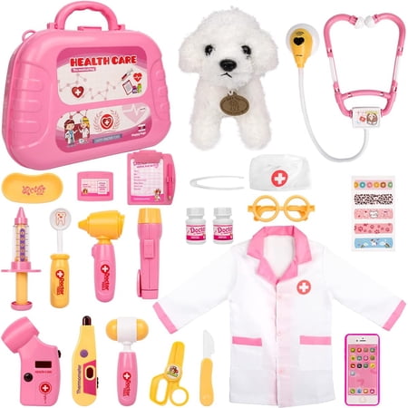 Doctor Kit for Girls - Pretend Play Doctor Set with Carrying Case,Stethoscope Toy & Dress Up Costume - Doctor Play Set for Girls Toddlers Ages 3 4 5 6 Year Old for Role Play Gift