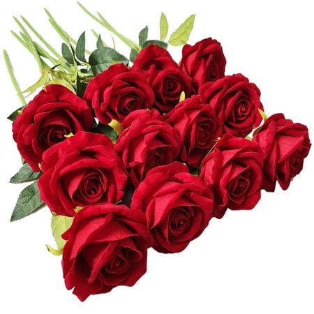 12 Pcs Artificial Rose Flowers Red Blossom Rose Flowers Real Touch Silk Roses with Stem Rose Bouquets for Home Decoration Wedding Party Garden Floral Decor Valentine's Day Gift