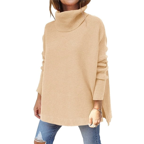 Suéteres de Cuello Alto de Gran Tamaño para Mujer, Larga de Murciélago, Dobladillo Abierto, Túnica, Suéter de Punto, Tops Caqui XL