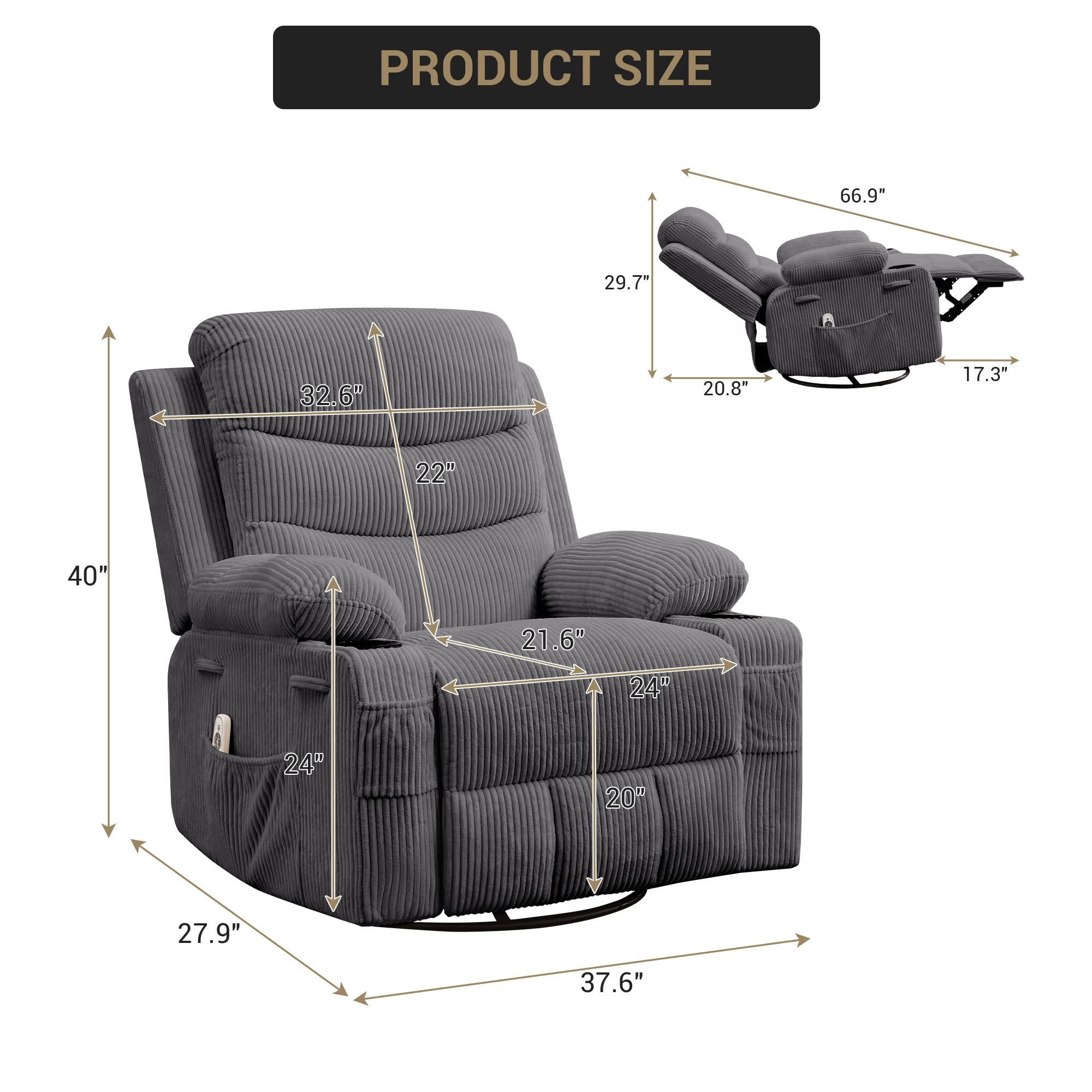 Recliner Chair Nursery, Oversized Manual Reclining Rocking Chair, 360 Swivel Glider with Cup Holder, Massage and Heat Recliner, Indoor Small Single Sofa Chairs for Adults RV Bedroom, Beige/Grey/Brown