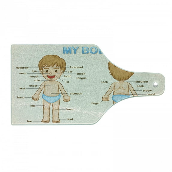 Science Cutting Board, Illustration of the Parts of the Body Names on Cartoon Boy, Decorative Tempered Glass Cutting and Serving Board, Wine Bottle Shape, Pale Blue Pale Brown, by Ambesonne