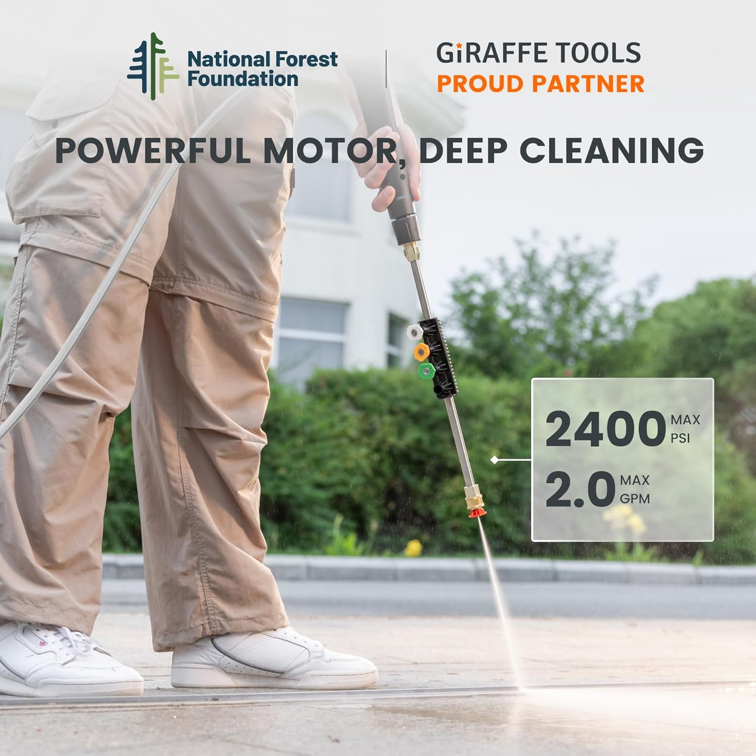 Giraffe Tools Max 2500 PSI Grandfalls Pressure Washer G20PRO with 65ft Retractable Hose Ultra-Soft Gray Hose, Wall-Mount, Bach Sliver