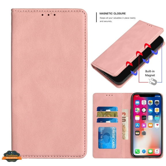 For Apple iPhone 16 Pro (6.3") PU Leather Pouch Flip Folio Wallet ID Credit Card Slots Money Holder with Magnetic Closure & Kickstand Cover ,Xpm Phone Case [ Rose Gold ]