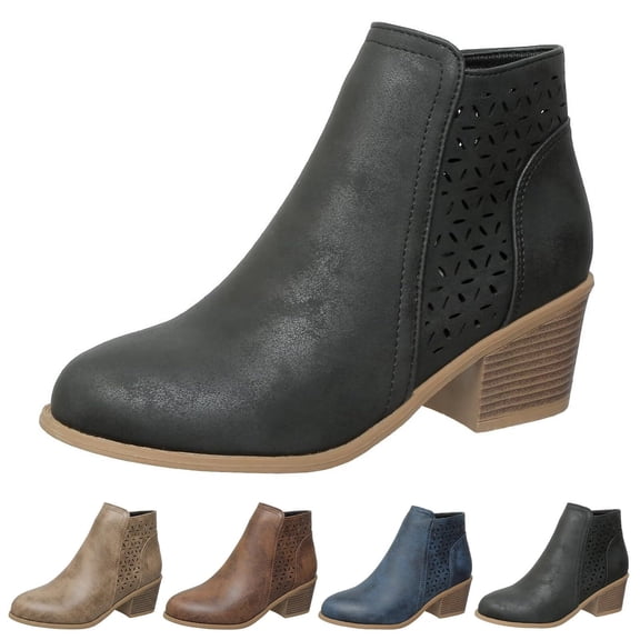 SACFOF Women's 2026 Fall Winter Chunky Heel Ankle Boots for Women - with Laser Cut Hollow Out Design, Non-Slip Sole for Casual Daily Walking Weekend Trips