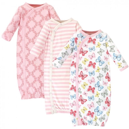 Touched by Nature Baby Girl Organic Cotton Side-Closure Snap Long-Sleeve Gowns 3pk, Butterflies, 0-6 Months