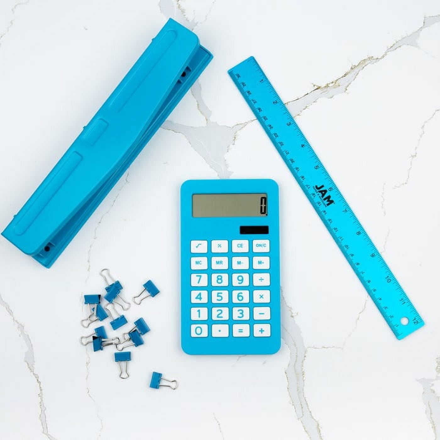 JAM Paper Desktop Calculator, 10 Digit LCD Display, 3 3/4 x 6 3/4 Inches, Blue, 1 Pack