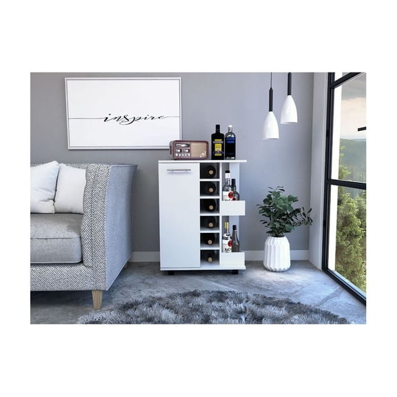 FM FURNITURE Tennessee Bar Cart, One Cabinet With Division, Six Cubbies For Liquor, Two Shelves