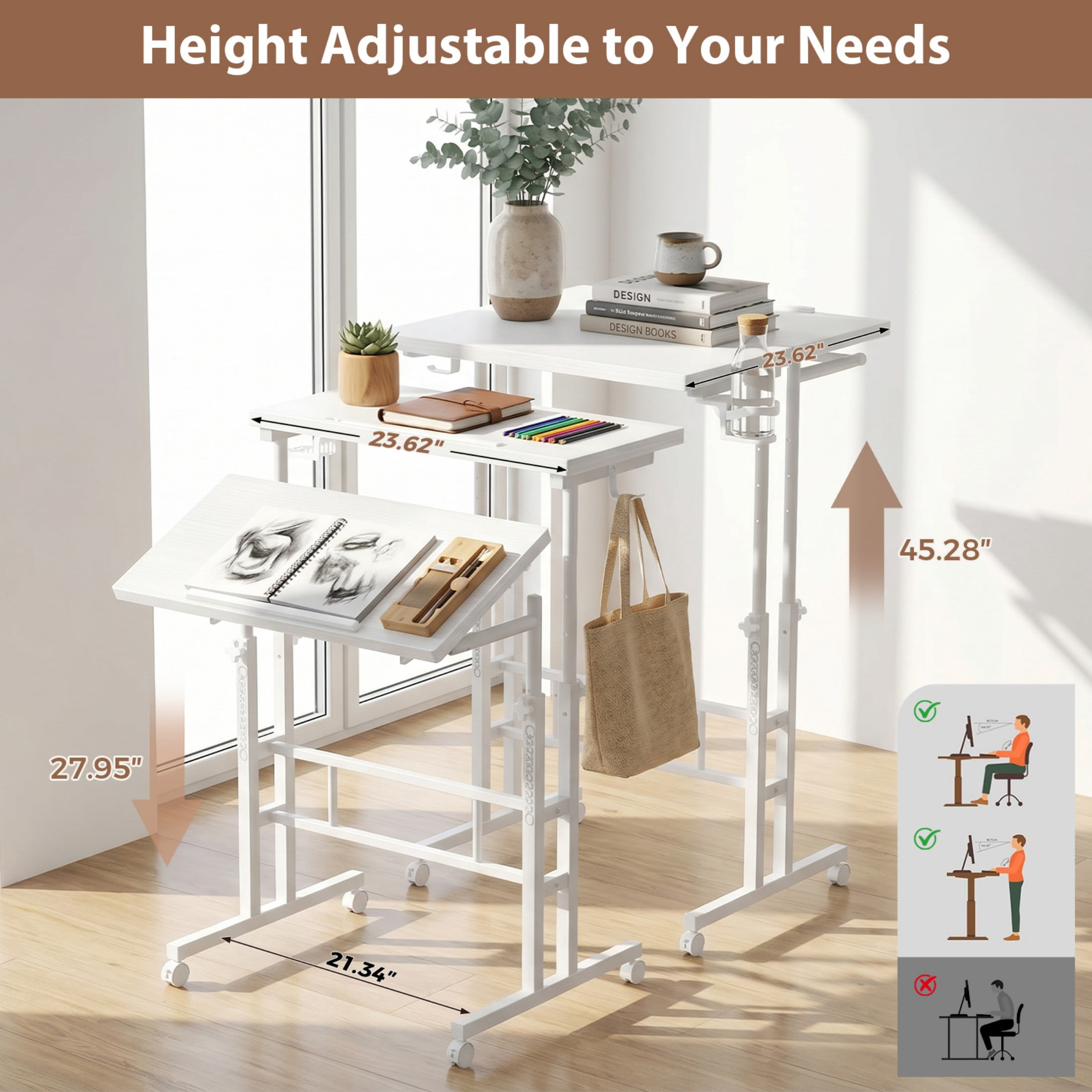 CONCETTA 23.6 inch Mobile Standing Desk, Adjustable Height Rolling Computer Desk for Home Office, Portable Treadmill Sit Stand Workstation, White