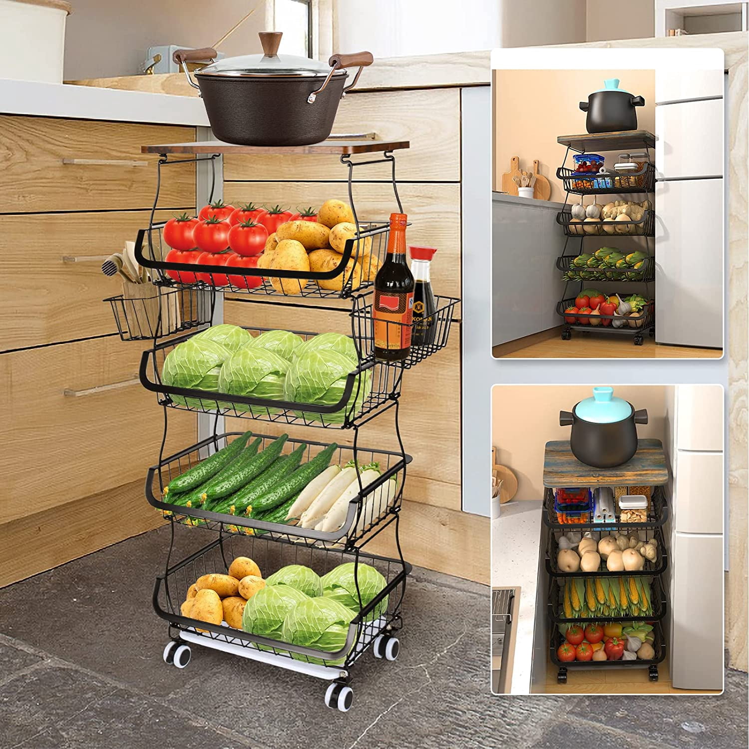 WERSEON 5 Tier Fruit Basket for Kitchen Organizers and Storage, Stackable Metal Wire Basket Stand Cart with Wheels for Fruit Vegetable