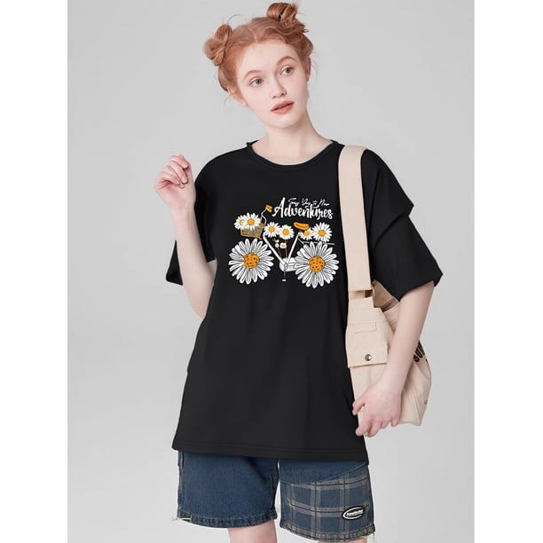 Flower Graphic Round Neck Sports Top, Short Sleeves Running T-shirt Top, Women's Activewear graphicFCamisetas para mujer, lindas camisetas con estampado gráfico, de manga corta, estilo casual, para ve