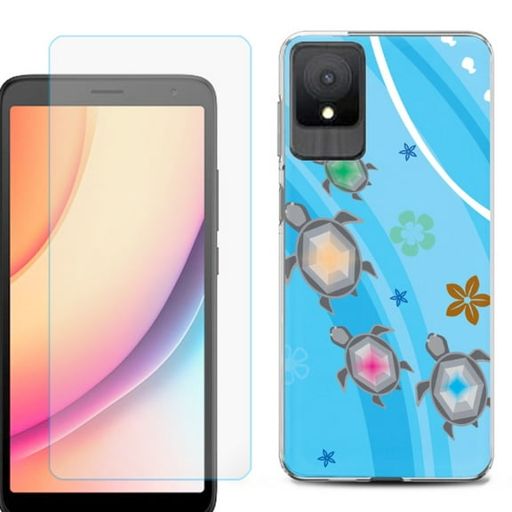For TCL K11 Phone Case Cover, Shockproof Case with Tempered Glass Screen Protector, by OneToughShield - Happy Turtle