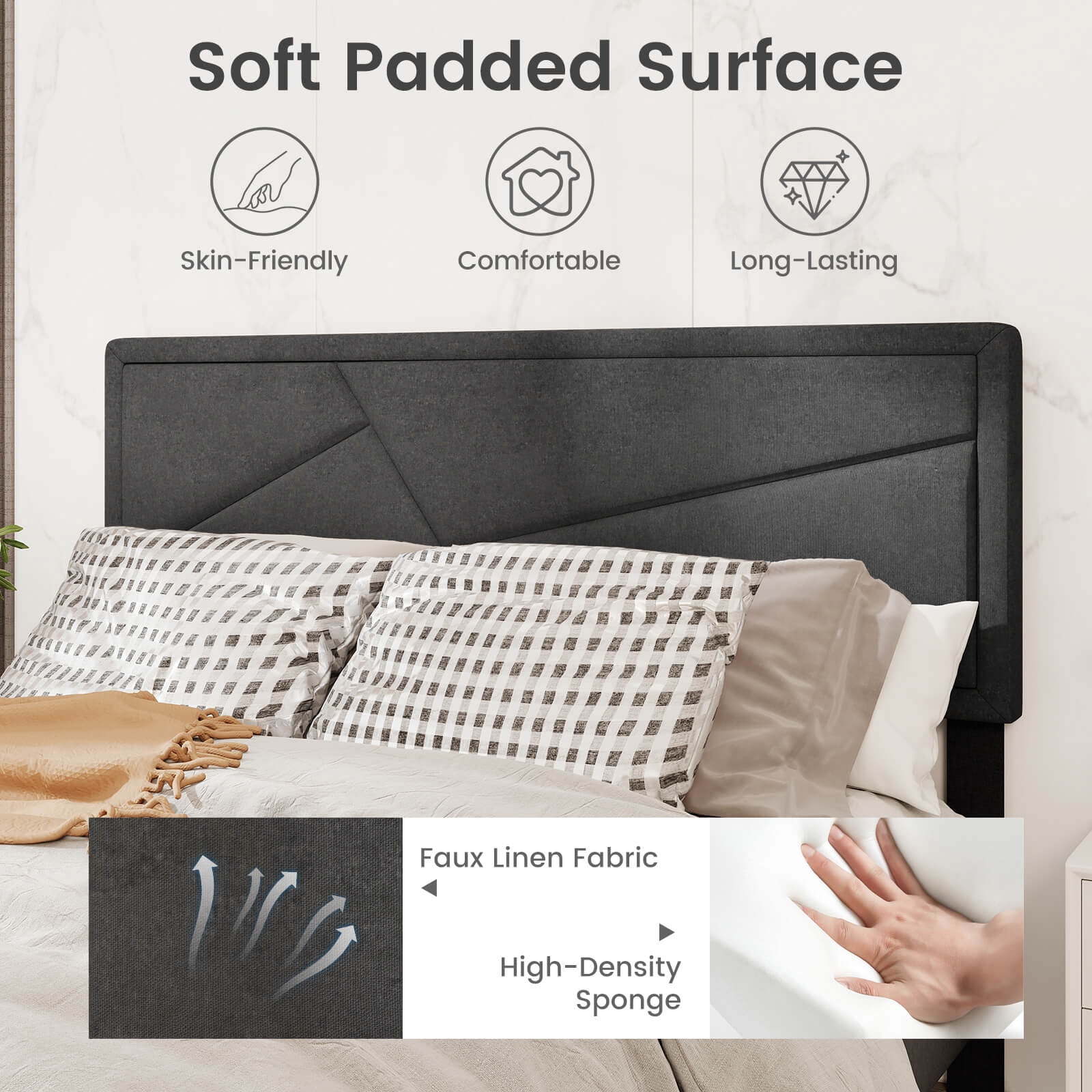 Infans Queen Size Bed Frame w/ High Headboard & Wooden Slats No Box Spring Needed