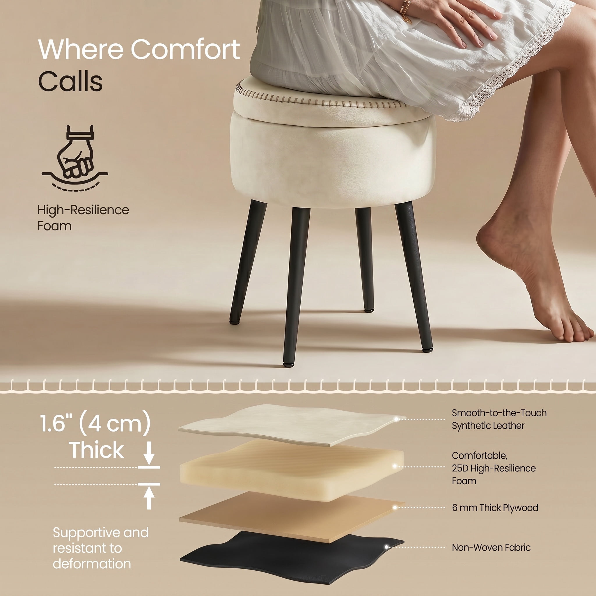 Nordic Hygge Round Storage Vanity Stool, Cream White