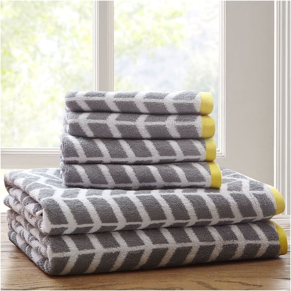 JERFIT 6-Piece Jacquard Bath Towel Set, Grey 100% Cotton, OEKO-TEX Certified, Highly Absorbent and Quick-Dry