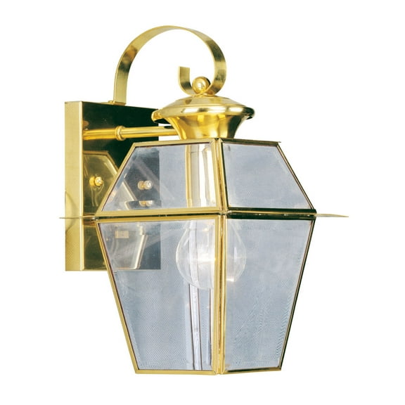 7.5 inch 1 Light Polished Brass Outdoor Wall Lantern Pendant Lighting Fixture with Clear Beveled Glass Shade backed with Hand Crafted Solid Brass material for patio, front porch, entryway and more