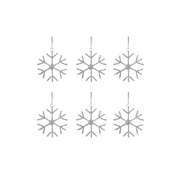 Serene Spaces Living Set of 6 Hanging Silver Rhinestone Snow Flake Ornaments, Christmas Tree Ornaments, Glitter Ornaments for Holiday Decorations, Winter Wonderland Wedding, Measures 3" Diameter