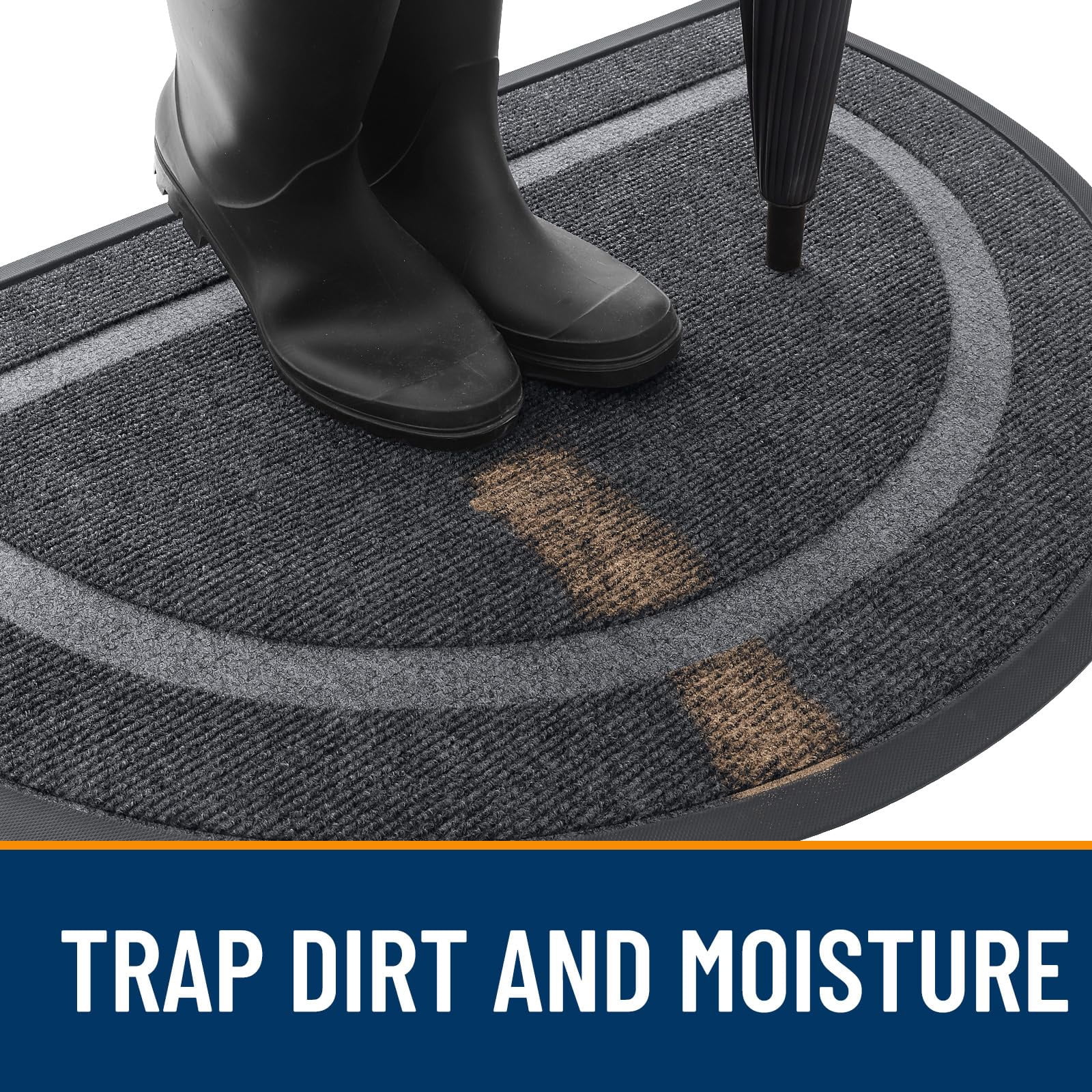 Buganda Half Round Door Mat, Heavy Duty Rubber Entrance Mat, Low Profile Dirt Trapper Doormat Outside, 29.5" x 17", Grey