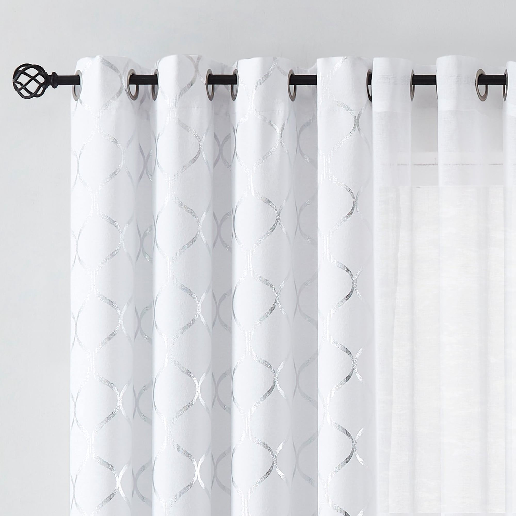 Pinewave White Blackout Curtains Mix and Match Geometric Silver Patterned,Sheer Drapes for Living Room,52w"x63L"x4,Grommet Top
