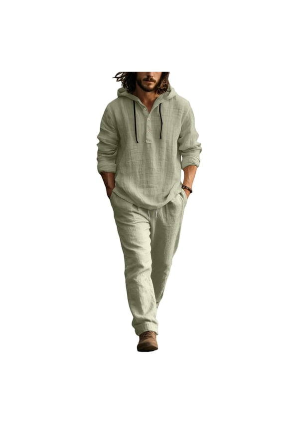 Men Linen Sets Outfits 2 Piece Fashion Elastic Waist Drawstring Hoodie Suit Spring Summer Button Casual Henley Sweatsuits with Pocket,Army Green L