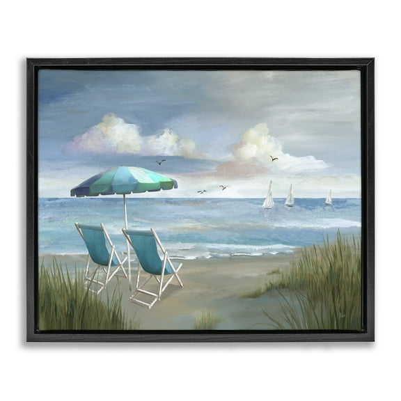Stupell Industries Seagulls over Calm Beach Nautical & Beach Painting Black Floater Framed Canvas Art Print Wall Art, 21 x 17
