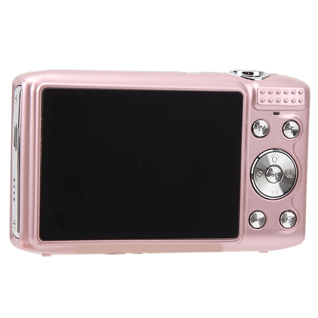 cámara digital para niños cámara digital 4k 1080p cámara de vídeo zoom digital 16x cámara compacta de apuntar y disparar cámara pequeña portátil para adolescentes anggrek otros Vista trasera centrada de la cámara Anggrek con pantalla TFT de 2.88 pulgadas negra; carcasa plástica metálica color rosa, botones circulares y dial direccional plateado a la derecha, botón de disparo superior y ranura lateral para tarjeta y puerto USB visibles. Soporta imágenes hasta 58MP y grabación 4K, zoom digital 16X; tamaño compacto adecuado para viajes y uso por adolescentes.