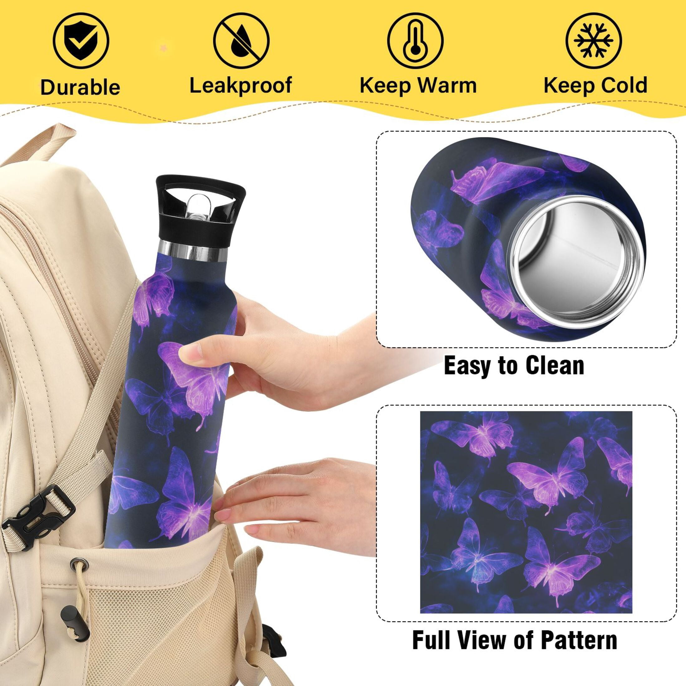 Kids Insulated Stainless Steel Sports Water Bottle 600ml (20oz) Purple Glowing Butterflies