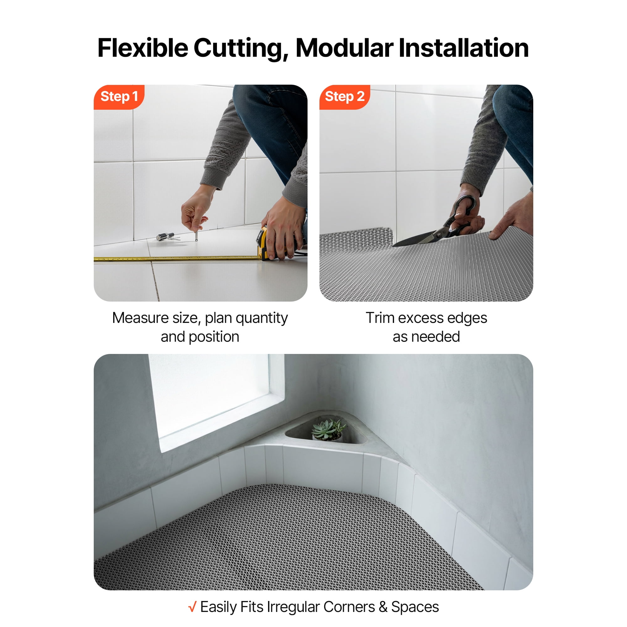 KFFKFF Drainage Mat, 3 x 16.4 ft, PVC Non-Slip Floor Mat for Wet Areas, Hollow Design Doormat Roll for Indoor and Outdoor Use in Restaurants, Pools, Patios, Bathrooms, and Washrooms, Gray