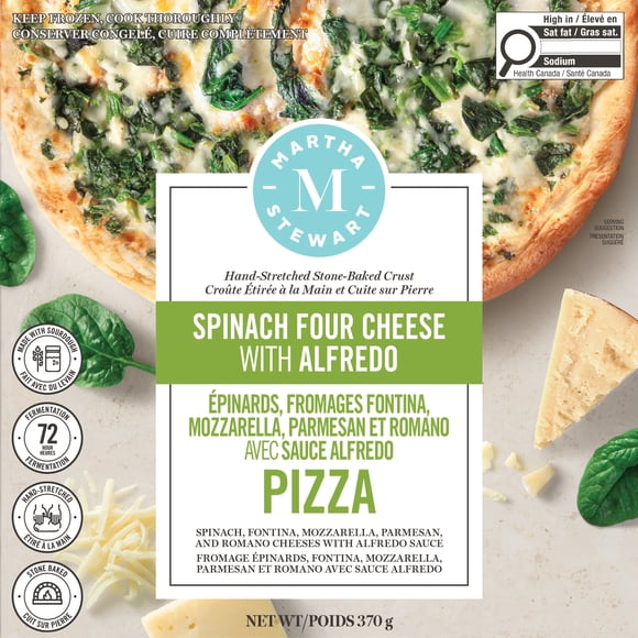 Pizza Martha Stewart aux épinards quatre fromages avec sauce Alfredo, étirée à la main et cuite sur pierre, avec croûte au levain, 370 g