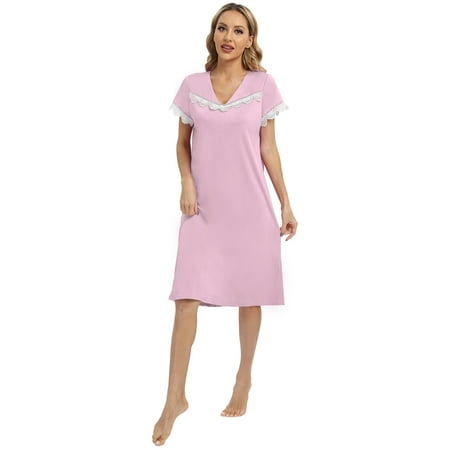 

Women s Short Sleeve Nightgown Lace V Neck Nightdress Palace Style Soft Mid-Length Nightshirt Loose Casual Sleep Dress Cozy Lounge Dress S-2XL