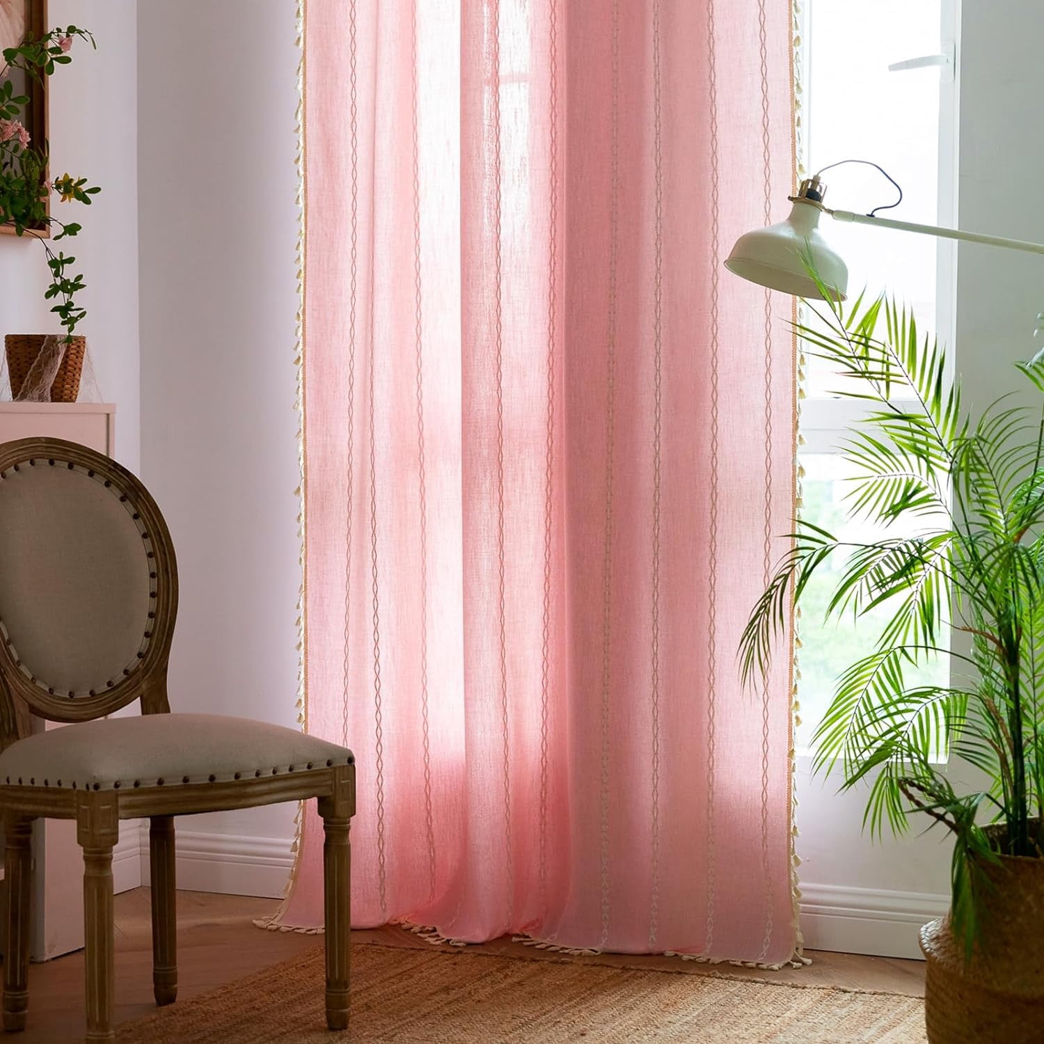 Psoiuetr Pink Boho Curtains for Bedroom Living Room Linen Cotton Embroidered Semi Blackout Farmhouse Window Treatment Drape Vintage Tassels Rod Pocket 1 Panel 52" W x 84" L