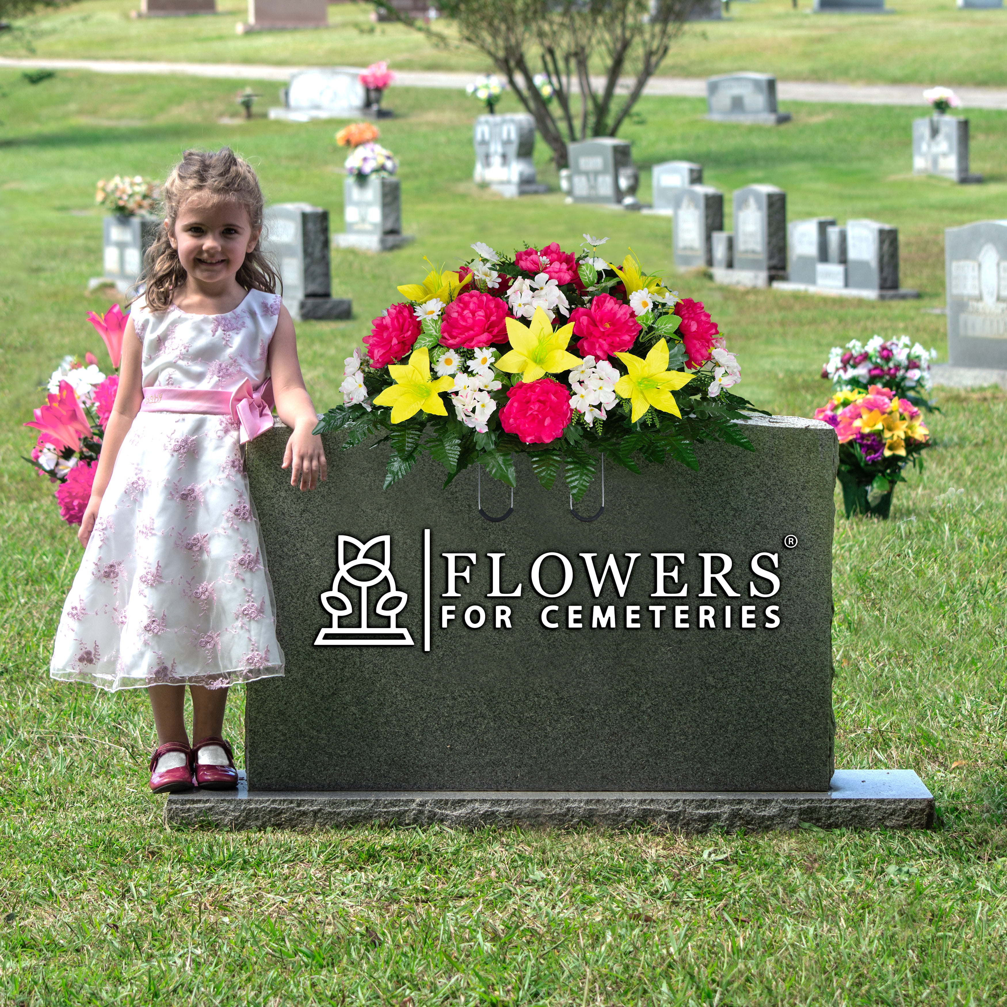 Sympathy Silks Artificial Cemetery Flowers Pink Peony and Yellow Lily Saddle for Headstone