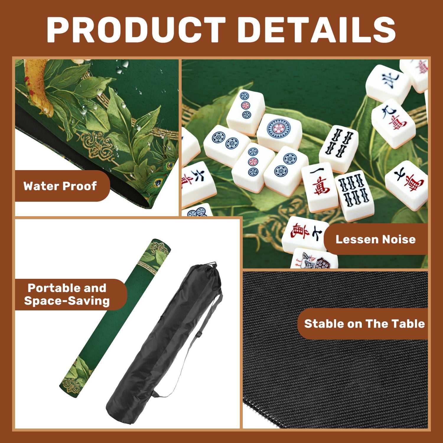 Mahjong Mat 31.5" x 31.5" Wildlife Jungle Scene Tiger Leopard Lion Peacock Greenery Non-Slip Noise Reduction American Mahjong Tiles Table Cover for Dominoes Poker Card Board Games Gift