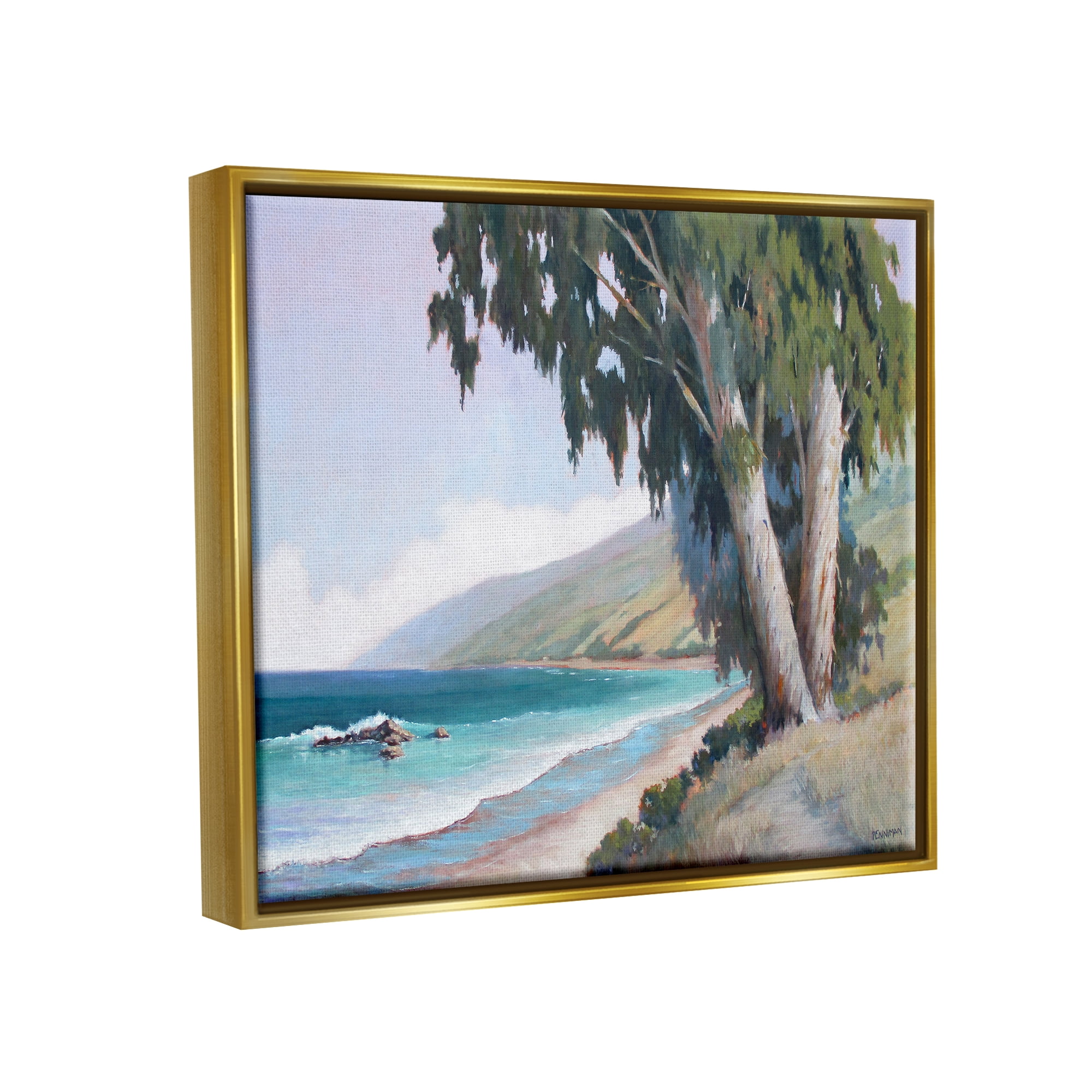 Stupell Seaside Vegetation Beach Waves Cove Landscape Painting Gold Floater Framed Art Print Wall Art