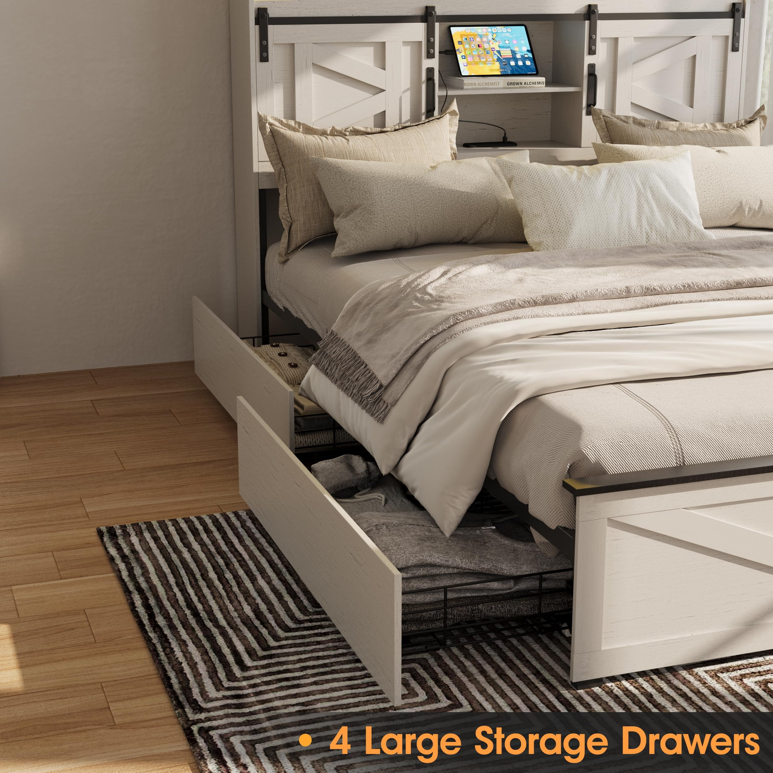 Vabches Farmhouse Full Size Bed Frame with 4 Drawers and Bookcase Headboard,Sliding Barn Door Platform Bed with LED Light & Power Outlets, Antique White