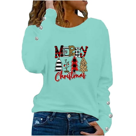 

jsaierl Women s Oversized Shirt Long Sleeve Merry Christmas Print Top Workout Crewneck Sweatshirt Dressy Casual Pullover Womens Fall Fashion 2022