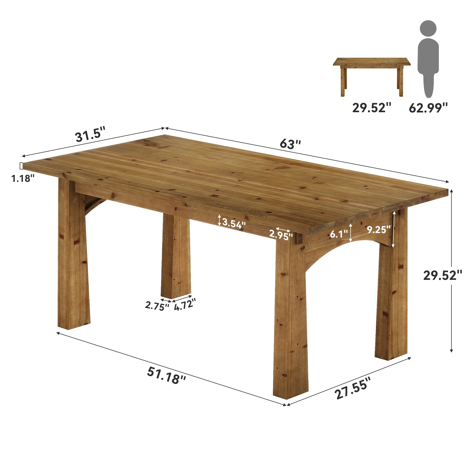 Hommoo Rustic Solid Wood Dining Table, 63 Inch Rectangular Kitchen Table for 4 to 6 People, Grain Farmhouse Table with Sturdy Wooden Legs, Natural