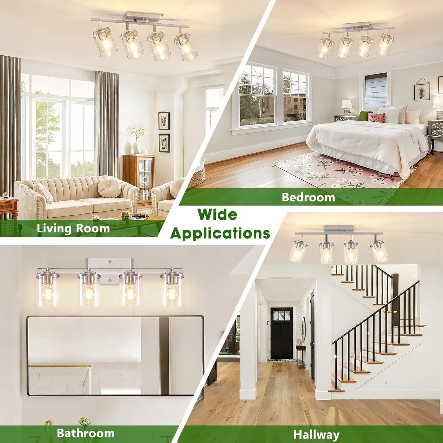 4-Light Brushed Nickel Track Lighting Kit with Clear Glass, Modern Track Light Fixtures Flush Ceiling Mounted, Tracking Vanity Lighting Rotatable Spotlight for Kitchen Bathroom