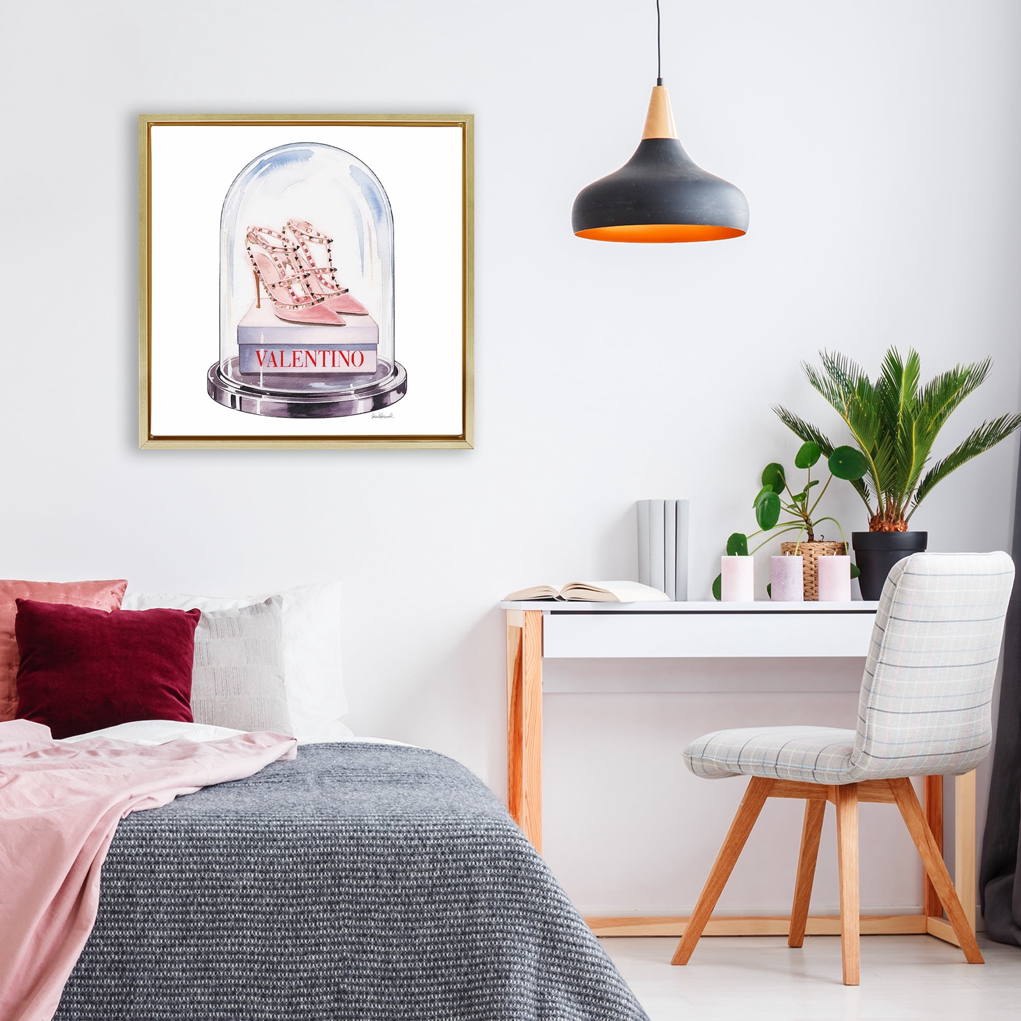 Stupell Industries Pink Heels in Bell Jar Gold Framed Floater Canvas Wall Art, design by Amanda Greenwood