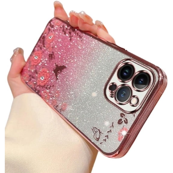 Compatible with iPhone Case,Glitter Flower Floral Clear Electroplated Bumper Camera Lens Protection Soft Shockproof Cover Phone Case (Pink,iPhone 12)