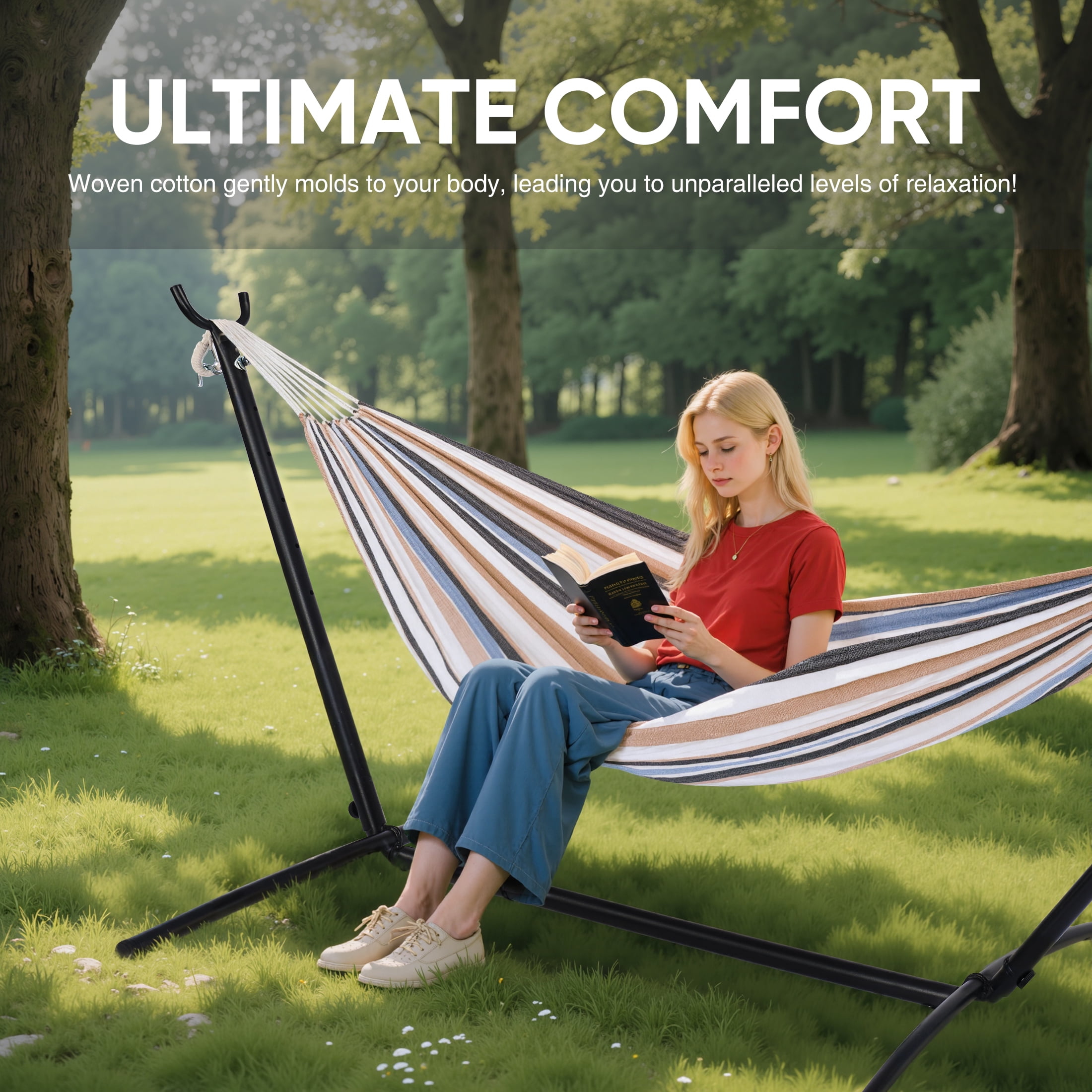 EDX Double Hammock with Space Saving Steel Stand, 2 Person Heavy Duty Outdoor 450lb Capacity Standing Hammocks, Upgraded Polyester End Strings, Portable Carrying Bag Included, Coffee Stripes