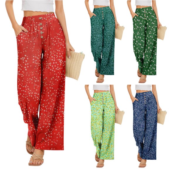Delayuji Women's Wide Leg Pants Printed Summer Casual Palazzo Pants Drawstring Loose Fashion with Button High Elastic Waisted Pants Trousers With Pockets