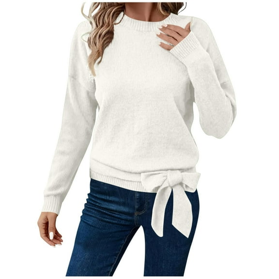 ZUKMRJPC Womens Crewneck Sweater Long Sleeve Solid Color Fashion Tie Front Casual Sweater Warm Comfy Slim Fit Knitted Pullover Tops