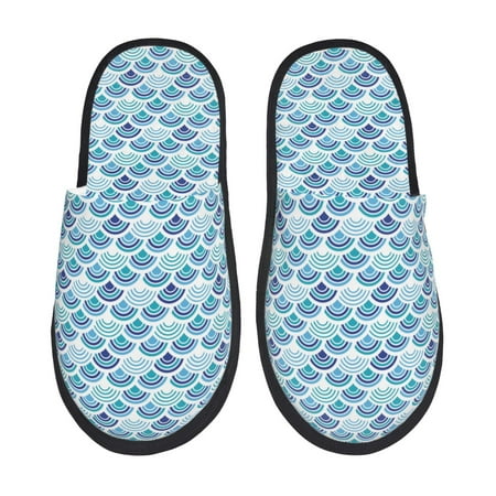 Balery Blue Fish Scale Texture Slient Indoor Furry Fleece Comfort House Shoes Soft Non-Slip Home Shoes Cotton slippers House Slippers-- Medium