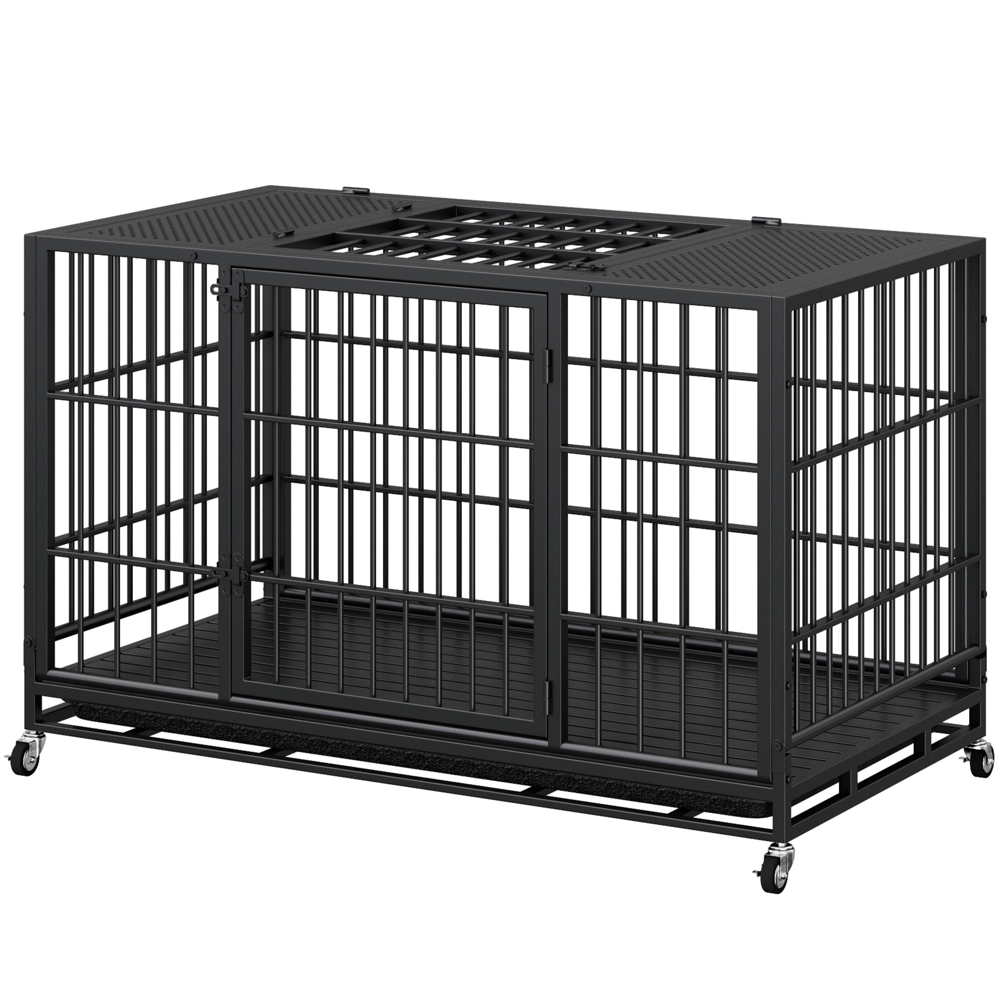 Heavy Duty Dog Crate, Mobile Pet Kennel with Lockable Wheels & Rotary Twist-Latch, Indoor Outdoor Metal Cage with Perforated Top