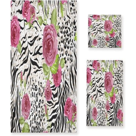 Hotbar Bathroom Decorative Towel Set with Rose Leopard Print Pattern, 3-Piece Set with Bath Towel, Hand Towel & Washcloth(675)