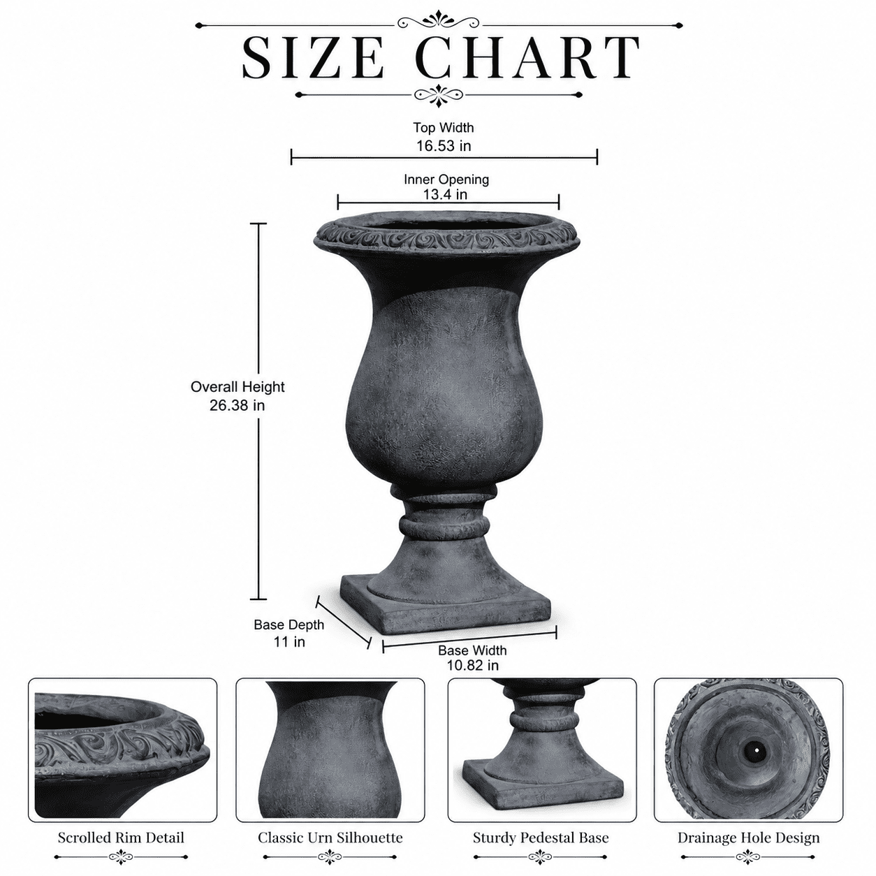 Aukfa Large MGO Garden Urn Planter, Outdoor Tall Decorative Stone-Look Flower Pot with Drainage Hole & Weather-Resistant, Black