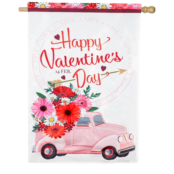 Evergreen Applique House Flag - Valentine's Flower Truck , 28" x 44" Double Sided